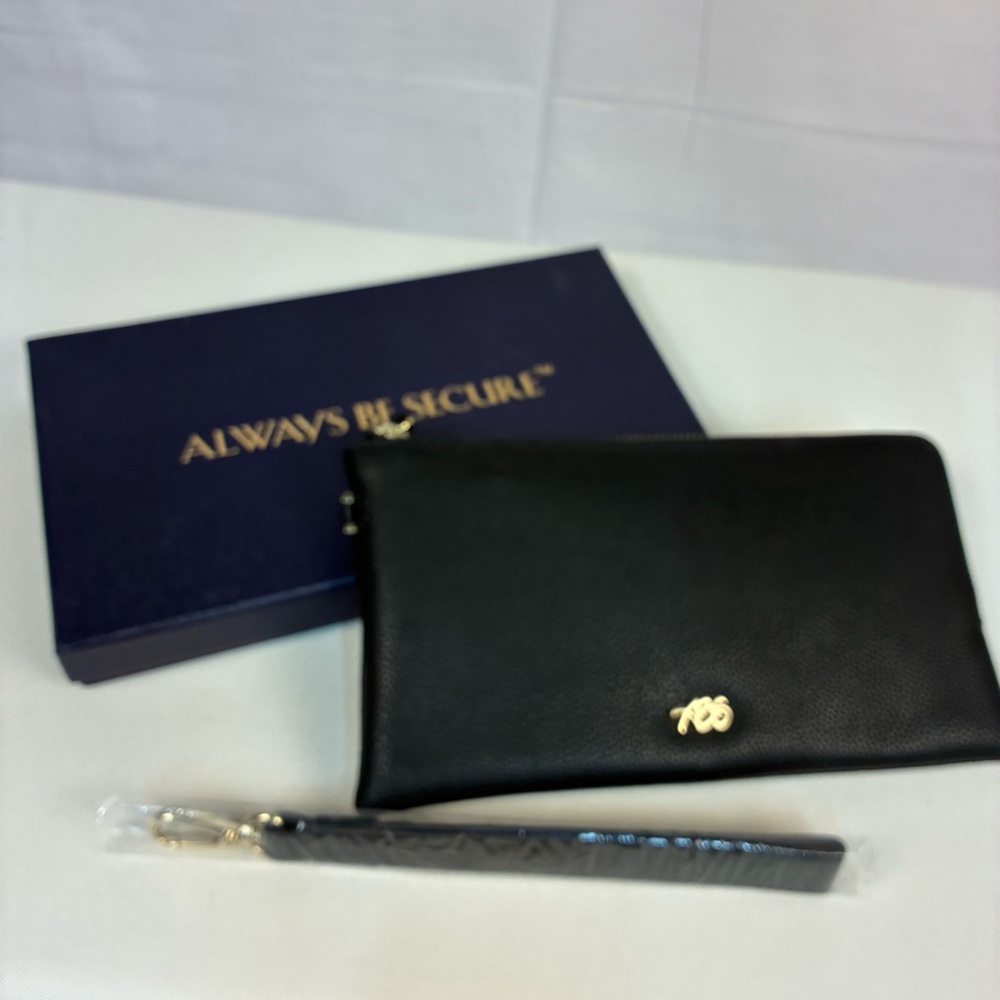 NIB ABS Always Be Secure Black Leather Wristlet